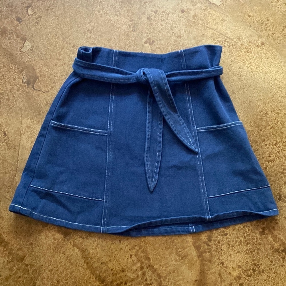ANTHROPOLOGIE Skies Are Blue navy tie waist circle skater mini skirt